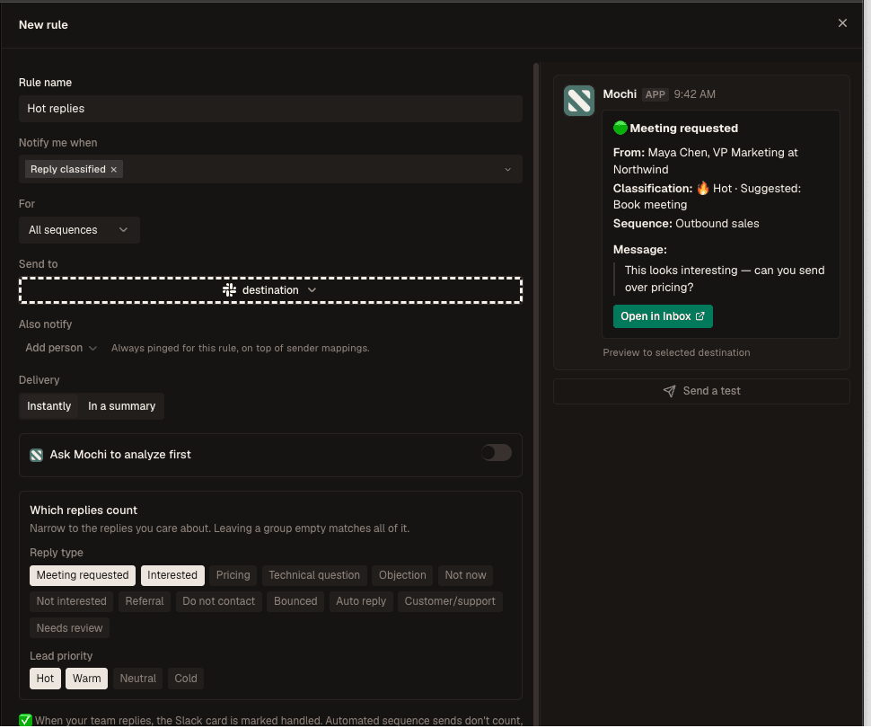 Hot replies notification rule editor with scope, destination, delivery, filters, and Slack preview