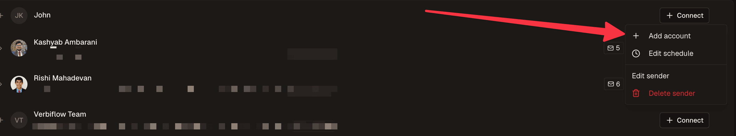The sender menu open with the Add account option highlighted