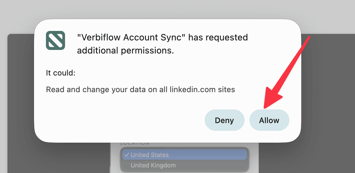Chrome permission prompt for Verbiflow Account Sync with the Allow button