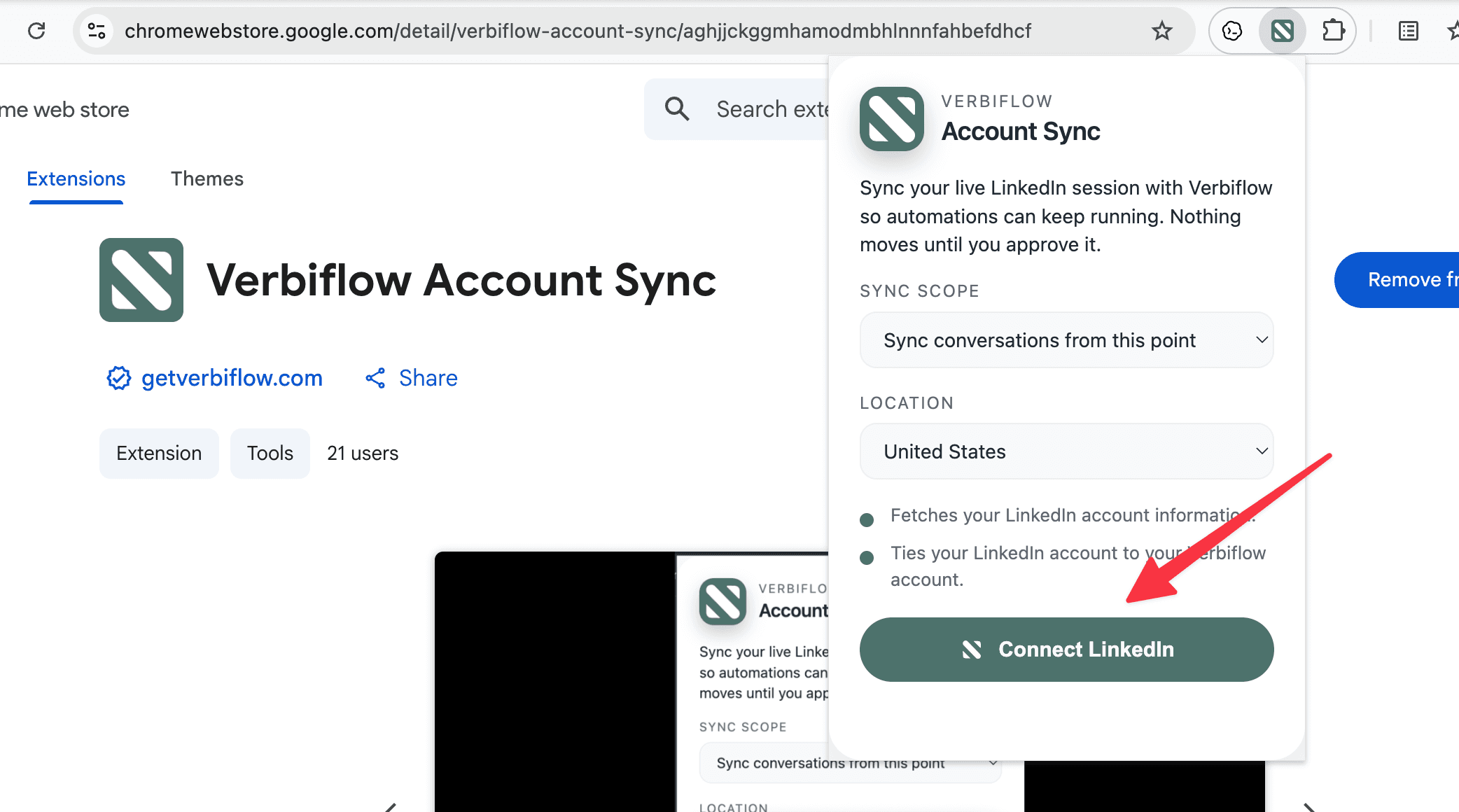The Verbiflow Account Sync popup with the Connect LinkedIn button