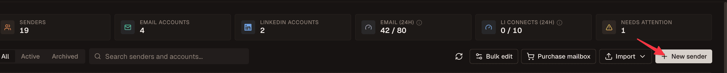The New sender button on the Senders page