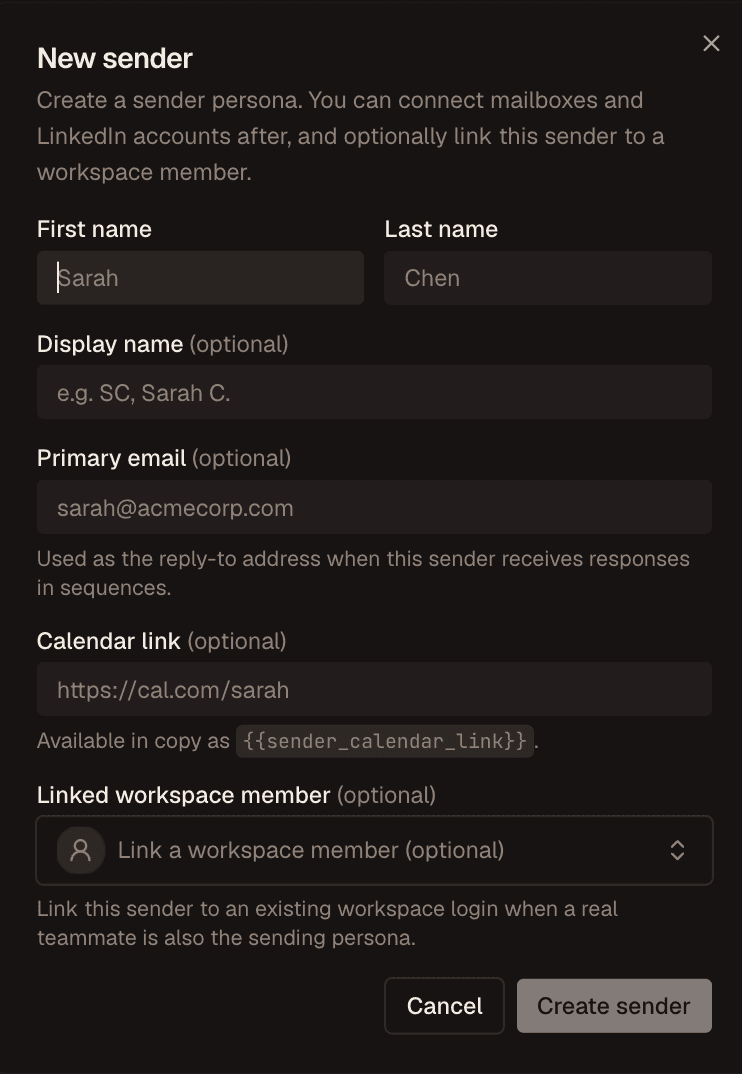 The New sender form with name, email, calendar link, and workspace member fields