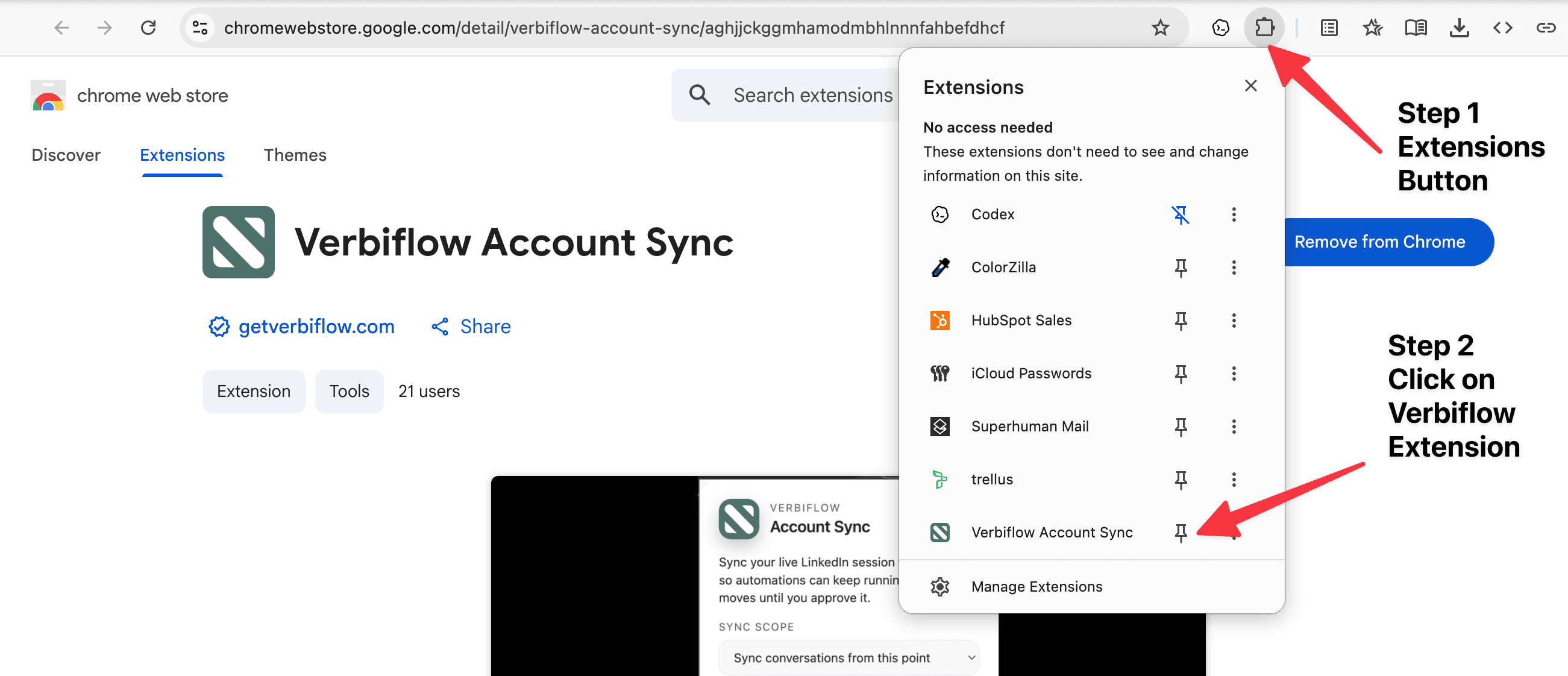 Chrome's Extensions menu open, with Verbiflow Account Sync highlighted